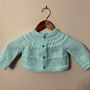 New Hand Knit Mint Green Baby Sweater With Matching Pearl Buttons